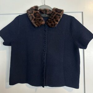 Zara Navy Sweater with Faux Fur Cheetah Collar
